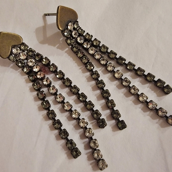 Sabika Black Diamond & Clear Tiara Crystals Silver Heart Dangle Earrings 2.25" - Picture 1 of 6